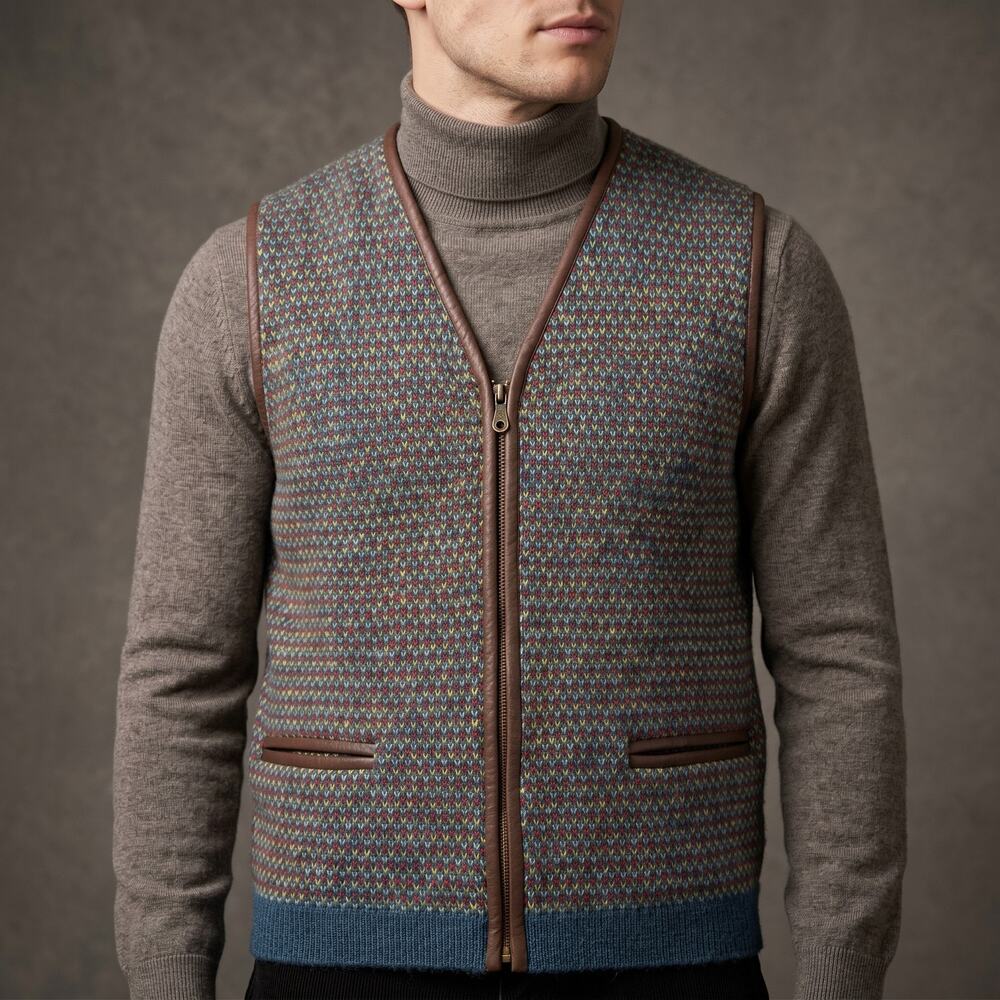 Vika Men's Zip Vest Icelandic Wool Vintage Patterned Leather Trim Boho Medium